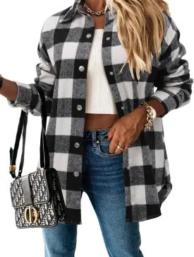 Women's Casual Long Sleeve Tops Fall Blouses Flannel Plaid Button-Down Shirt Jacket with Pockets