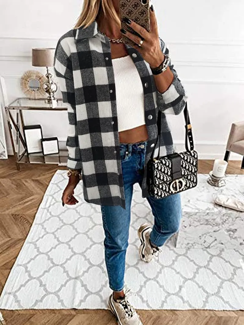 Women's Casual Long Sleeve Tops Fall Blouses Flannel Plaid Button-Down Shirt Jacket with Pockets