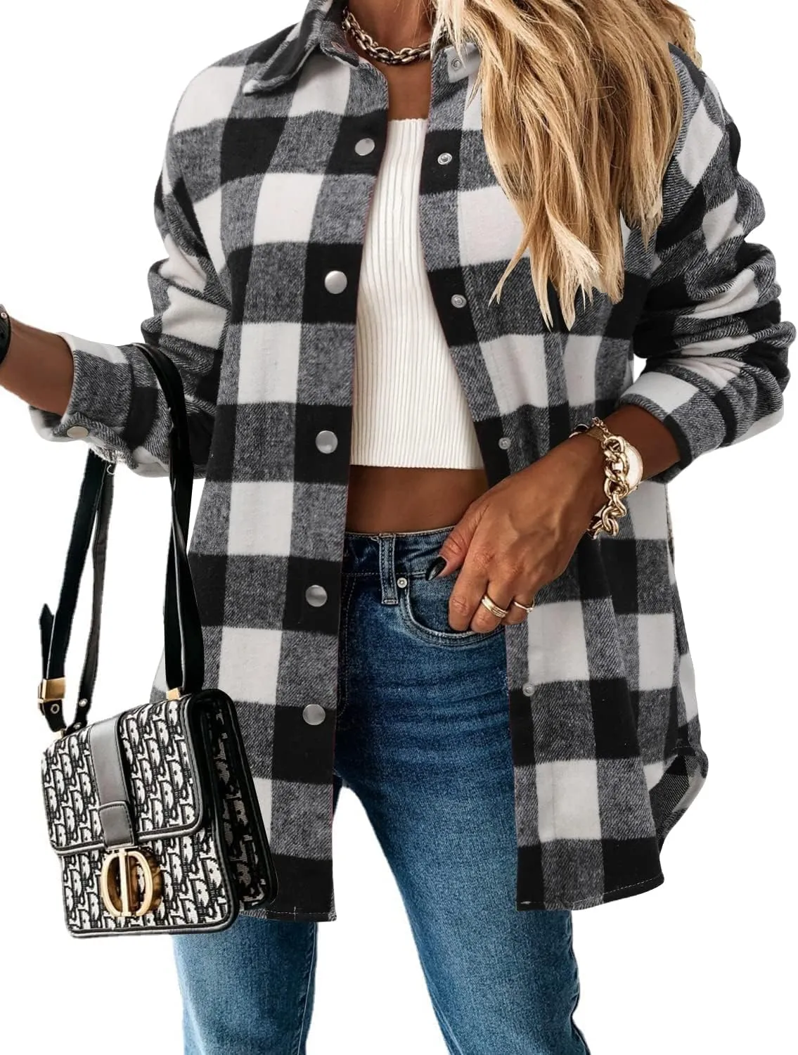 Women's Casual Long Sleeve Tops Fall Blouses Flannel Plaid Button-Down Shirt Jacket with Pockets