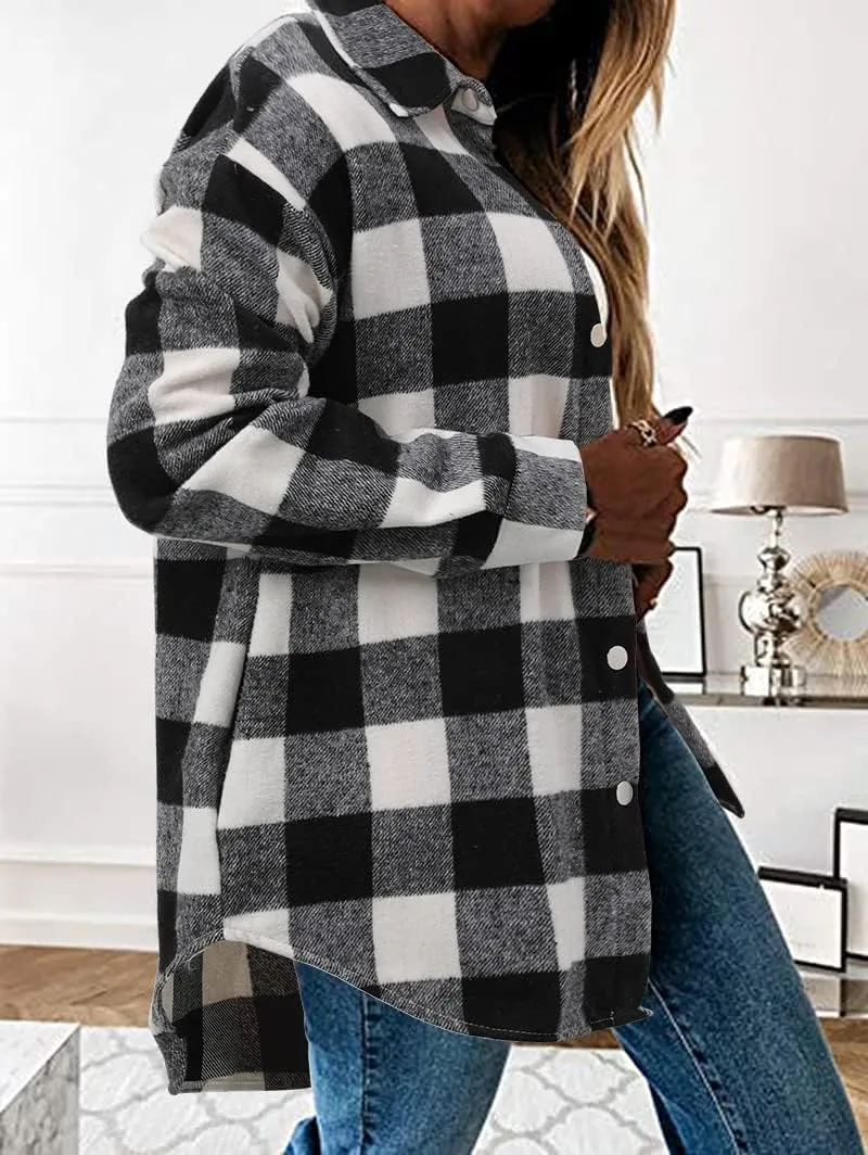 Women's Casual Long Sleeve Tops Fall Blouses Flannel Plaid Button-Down Shirt Jacket with Pockets