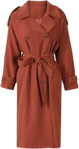 Women's Lapel Long Sleeve Red Belted Plus Size Long Trench Windbreaker Coat Adjustable Waist Outerwear