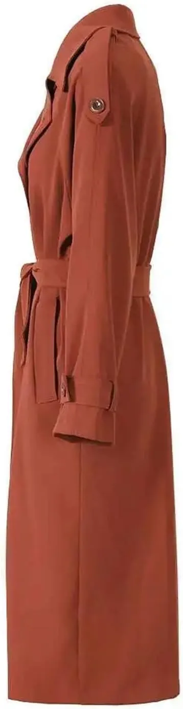 Women's Lapel Long Sleeve Red Belted Plus Size Long Trench Windbreaker Coat Adjustable Waist Outerwear