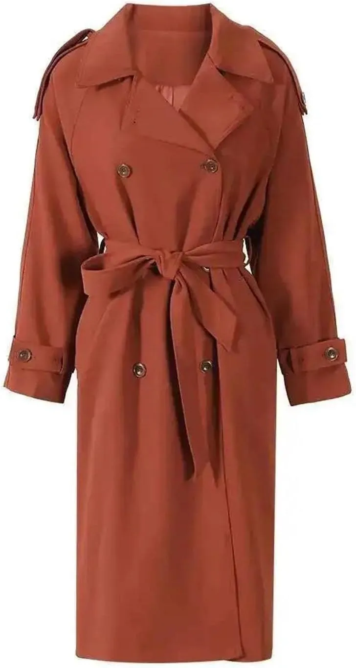 Women's Lapel Long Sleeve Red Belted Plus Size Long Trench Windbreaker Coat Adjustable Waist Outerwear