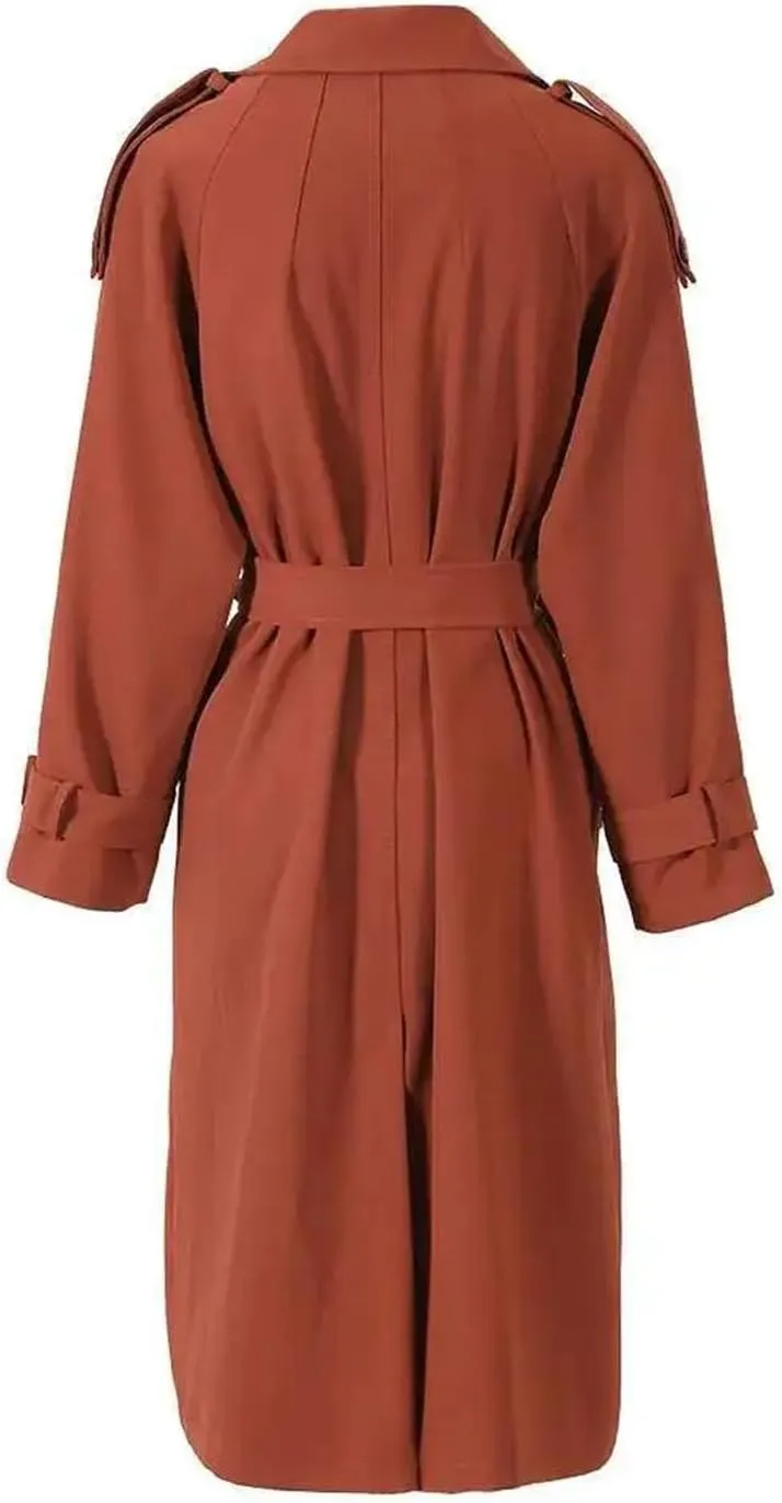 Women's Lapel Long Sleeve Red Belted Plus Size Long Trench Windbreaker Coat Adjustable Waist Outerwear