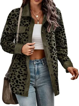 Womens Leopard Corduroy Jackets Oversized Color Block Long Sleeve Shacket Jacket Printed Button Down Shirts