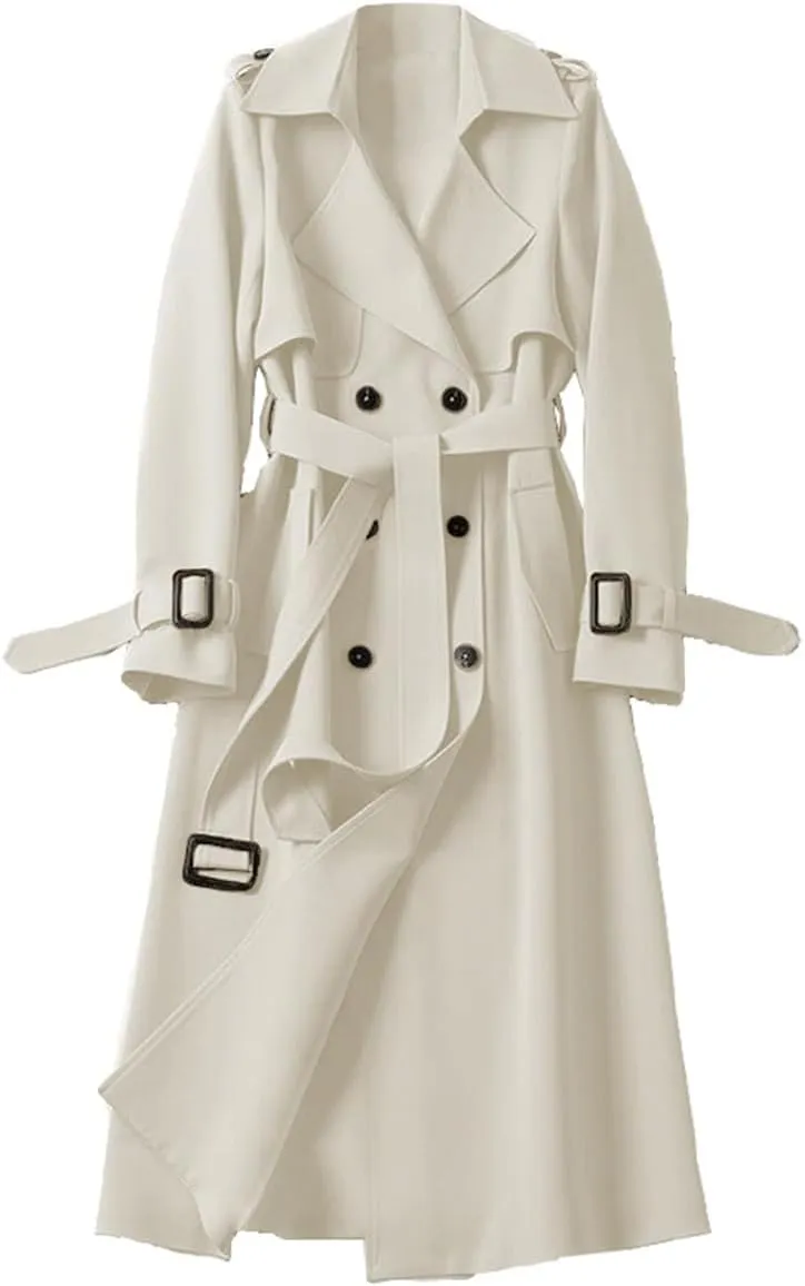 Womens Long Trench Coat Casual Slim Windbreaker Jacket Windproof Double Breasted Lapel Overcoat with Belt