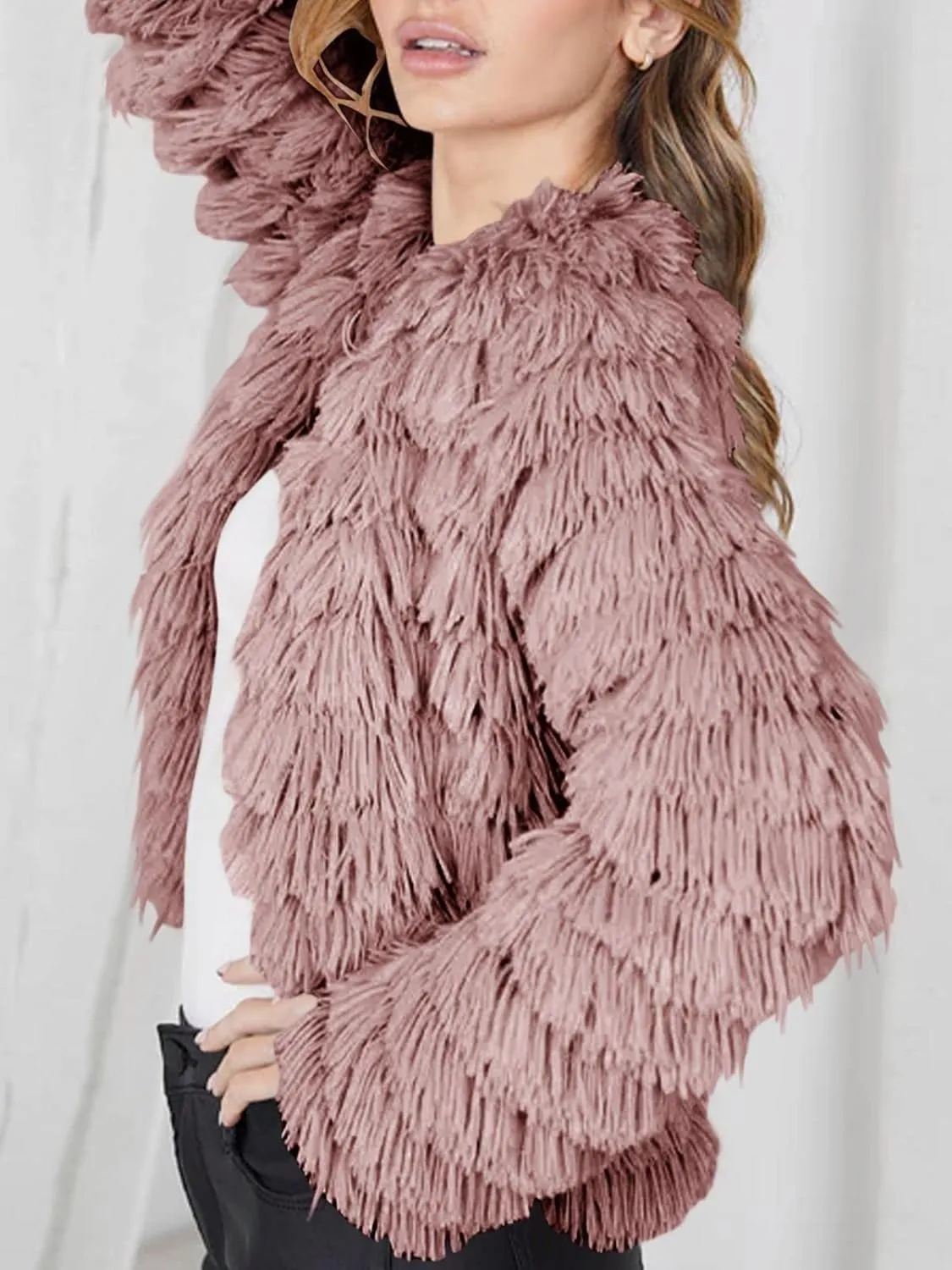 Womens Open Front Faux Fur Cardigan Vintage Parka Shaggy Jacket Coat