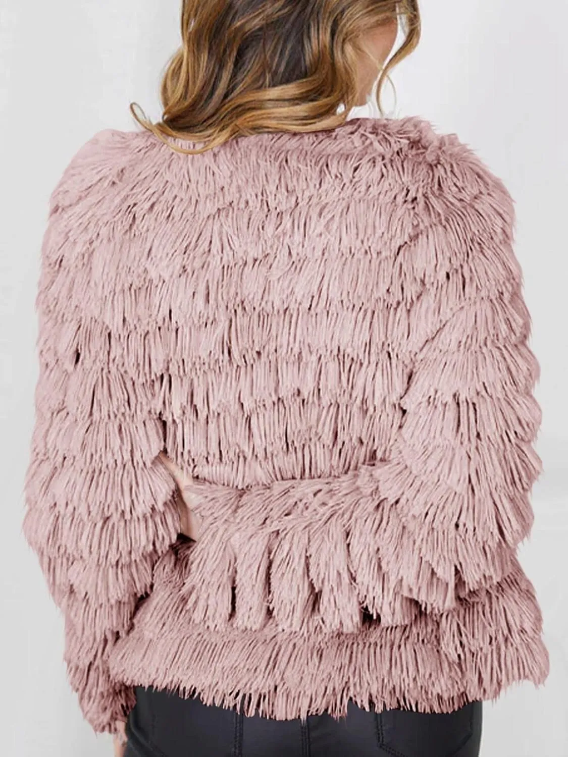 Womens Open Front Faux Fur Cardigan Vintage Parka Shaggy Jacket Coat