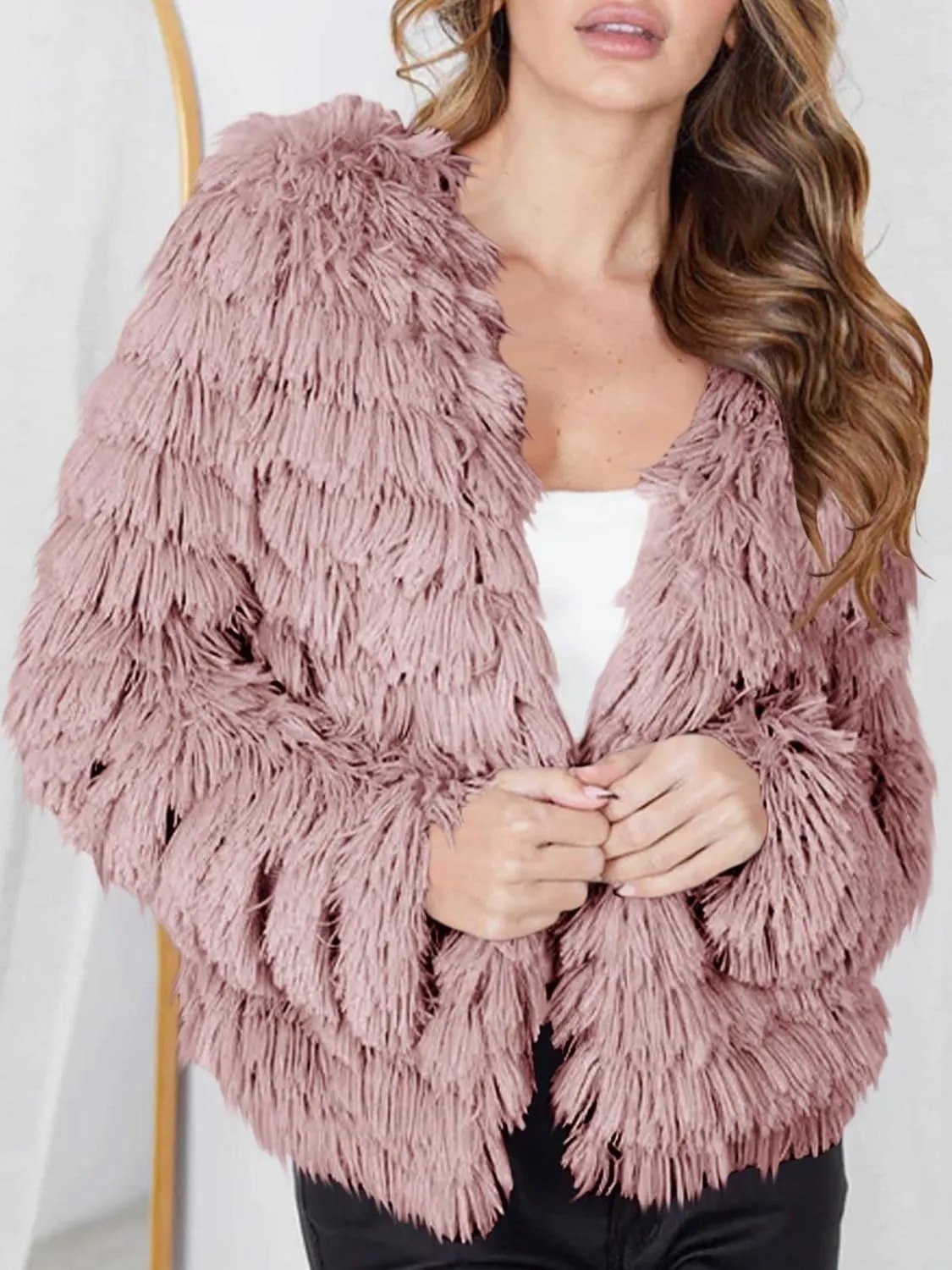 Womens Open Front Faux Fur Cardigan Vintage Parka Shaggy Jacket Coat