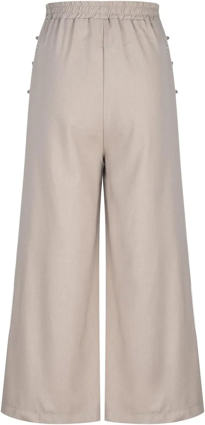 Women's Pants Cotton Linen Baggy Elastic Waist Button Wide Leg Pants with Pockets Solid Color Trendy Culottes Pant