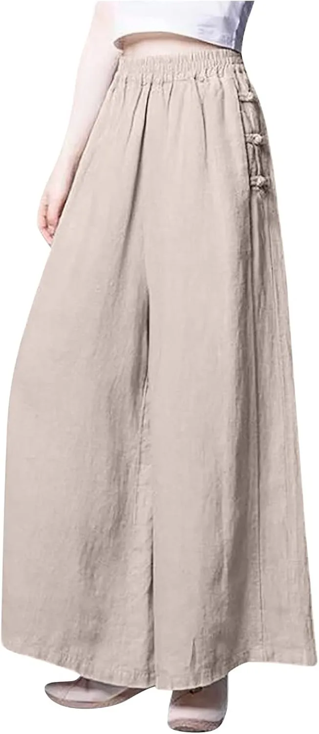 Women's Pants Cotton Linen Baggy Elastic Waist Button Wide Leg Pants with Pockets Solid Color Trendy Culottes Pant
