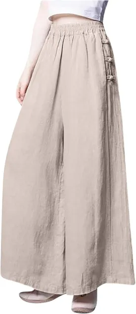 Women's Pants Cotton Linen Baggy Elastic Waist Button Wide Leg Pants with Pockets Solid Color Trendy Culottes Pant