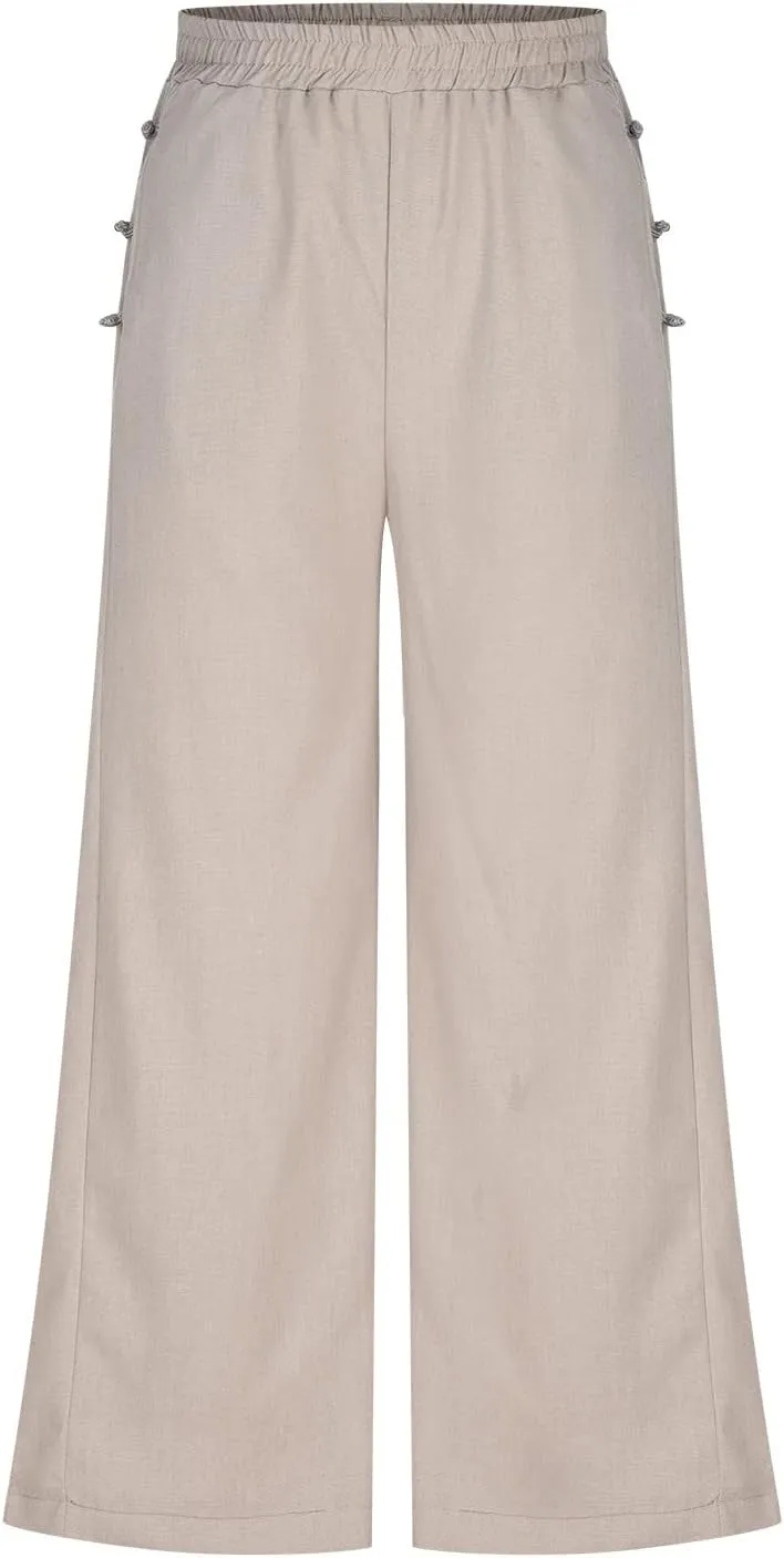 Women's Pants Cotton Linen Baggy Elastic Waist Button Wide Leg Pants with Pockets Solid Color Trendy Culottes Pant