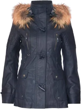 Women's Quilted Leather Parka Jacket with Detachable Hood