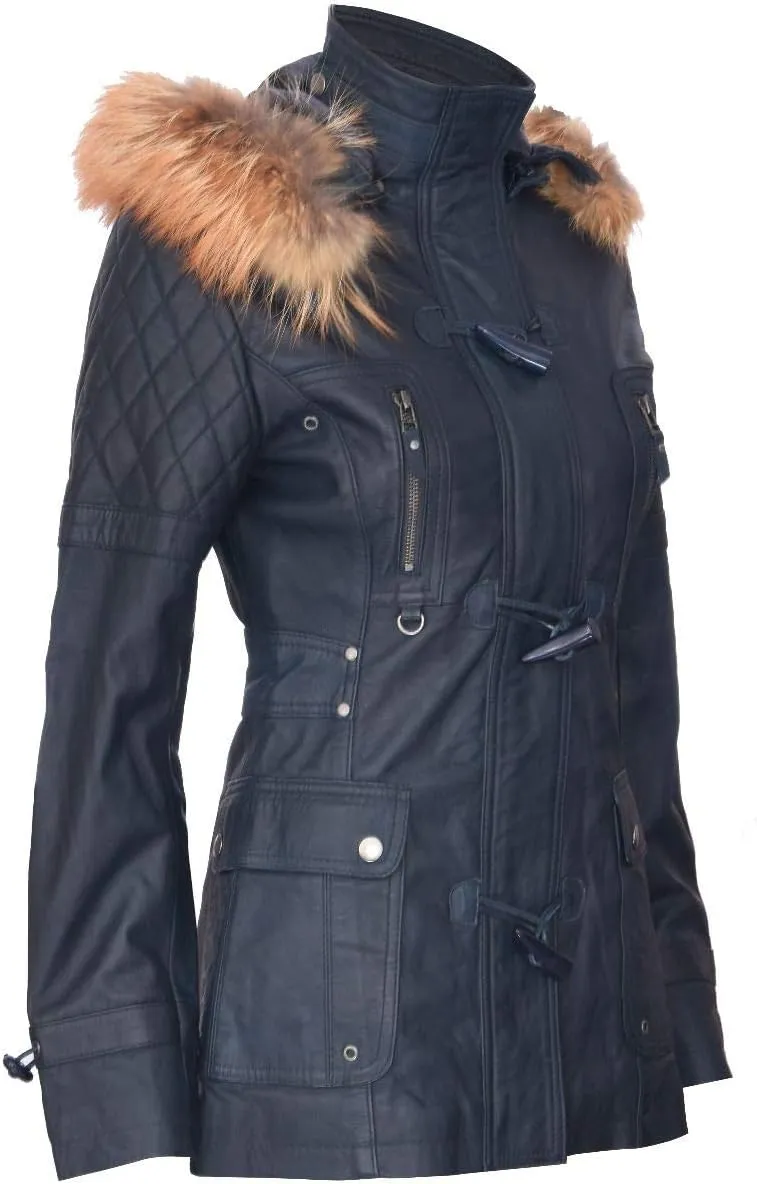 Women's Quilted Leather Parka Jacket with Detachable Hood