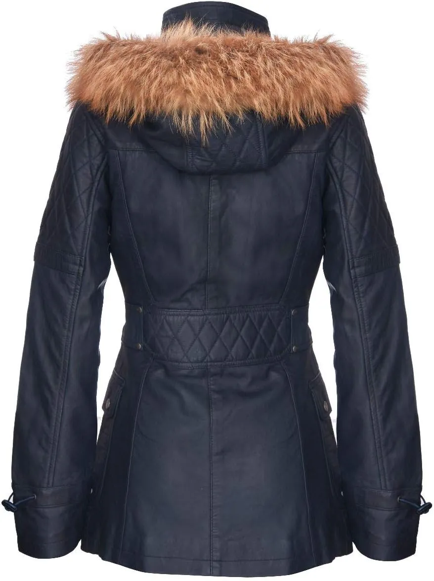 Women's Quilted Leather Parka Jacket with Detachable Hood
