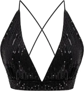 Womens Sexy Sequin Crop Top V Neck Bandage Tank Top Bustier Cami Dance Bra Top for Club Rave