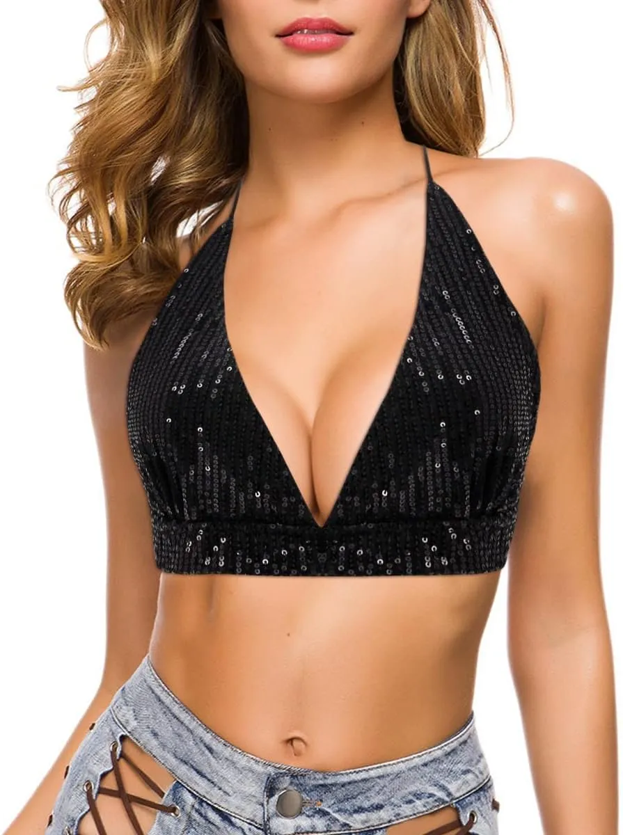 Womens Sexy Sequin Crop Top V Neck Bandage Tank Top Bustier Cami Dance Bra Top for Club Rave