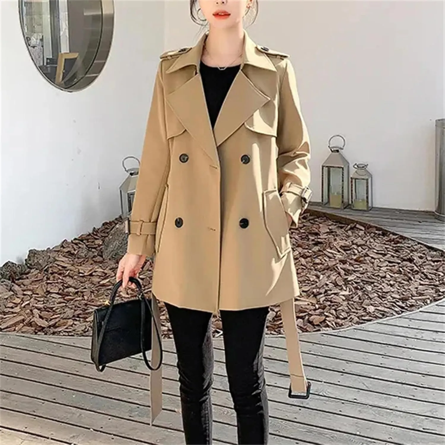 Women's Short Trench Coat  Spring Windbreaker With Belt Lace-Up Jacket Casual Outerwear For Work Office