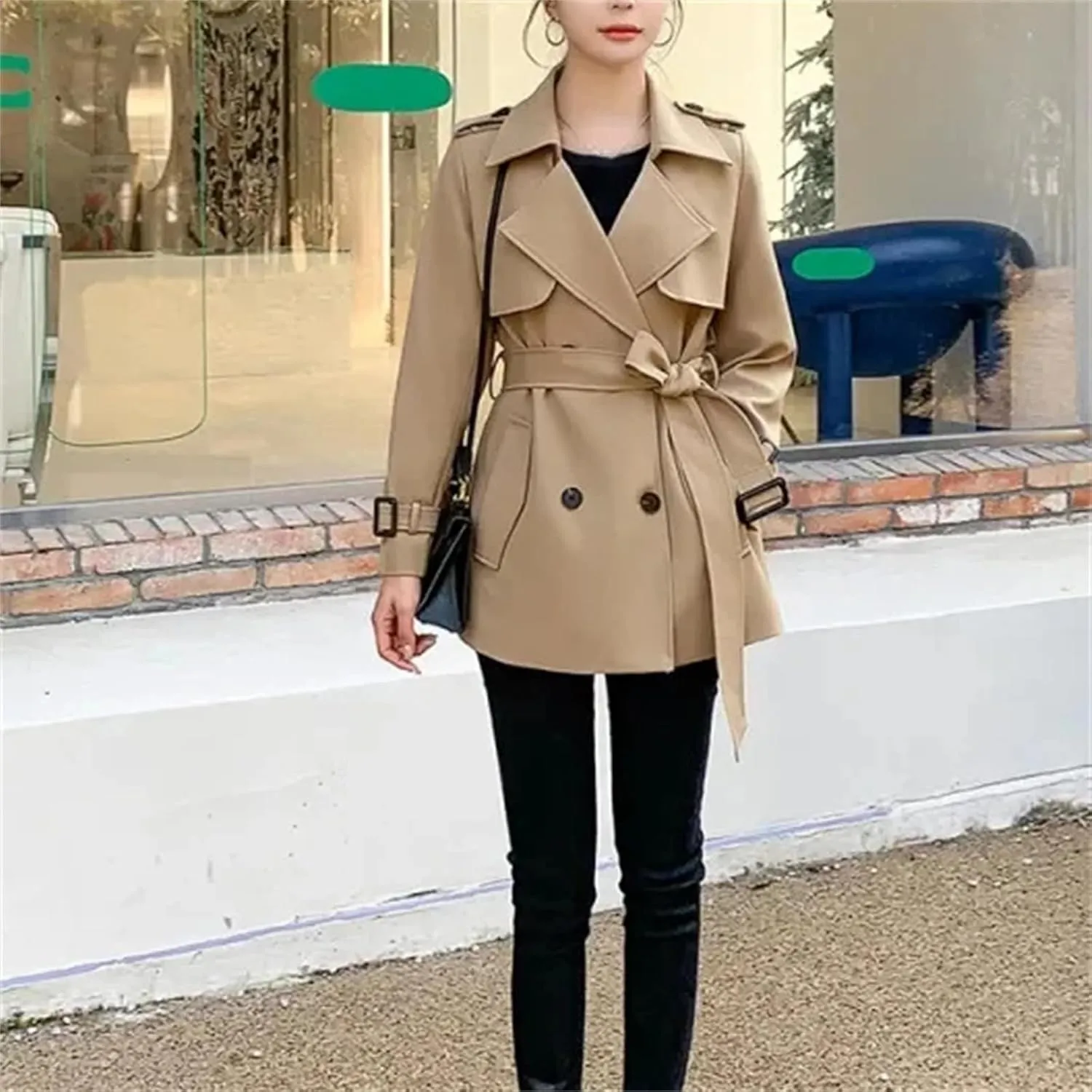 Women's Short Trench Coat  Spring Windbreaker With Belt Lace-Up Jacket Casual Outerwear For Work Office