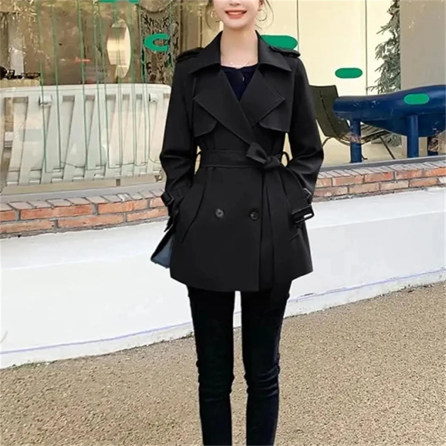 Women's Short Trench Coat  Spring Windbreaker With Belt Lace-Up Jacket Casual Outerwear For Work Office