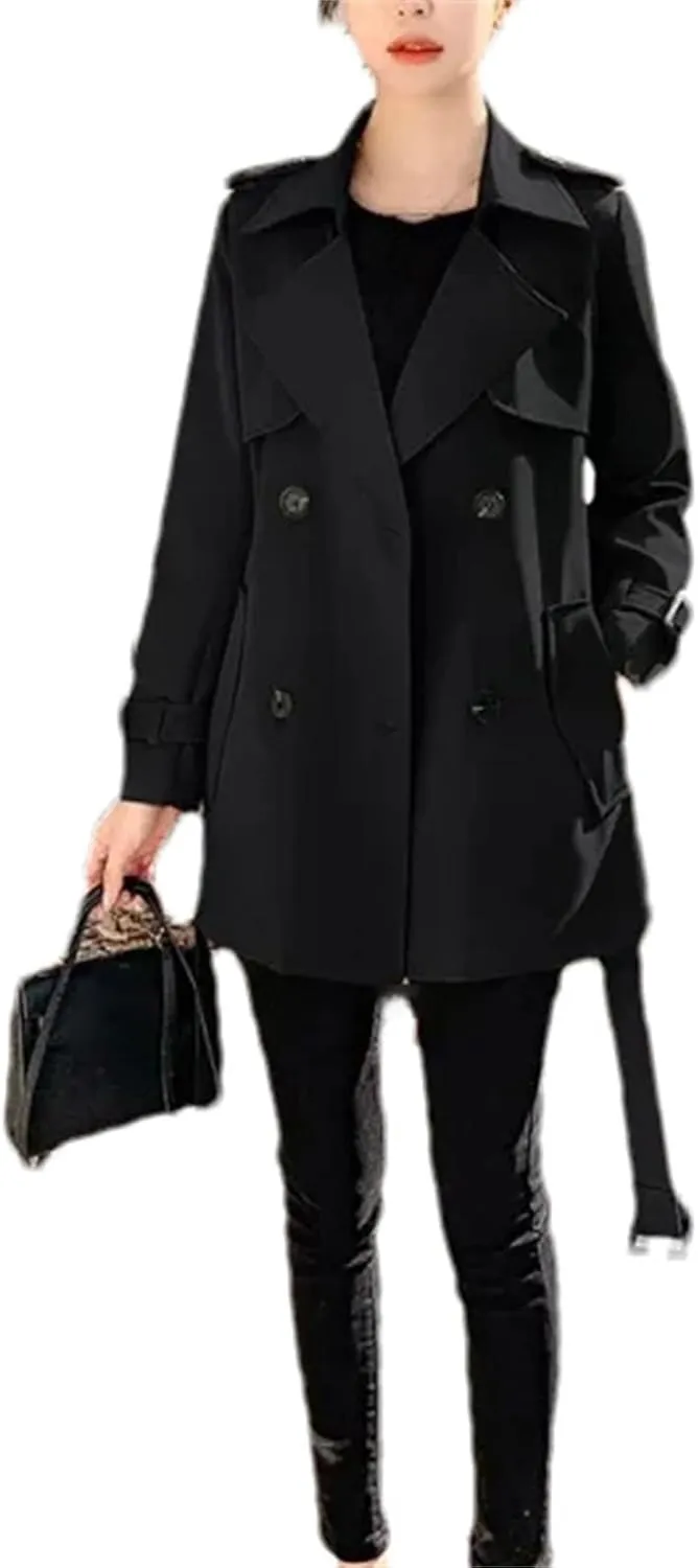 Women's Short Trench Coat  Spring Windbreaker With Belt Lace-Up Jacket Casual Outerwear For Work Office