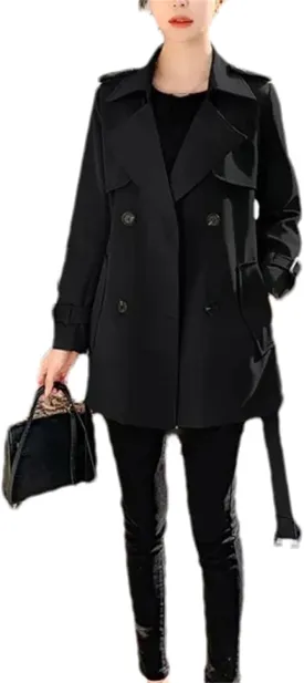 Women's Short Trench Coat  Spring Windbreaker With Belt Lace-Up Jacket Casual Outerwear For Work Office