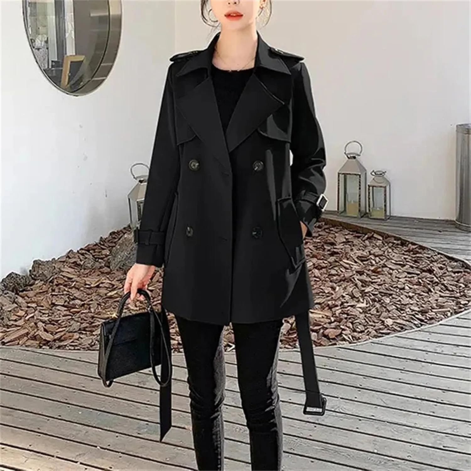 Women's Short Trench Coat  Spring Windbreaker With Belt Lace-Up Jacket Casual Outerwear For Work Office