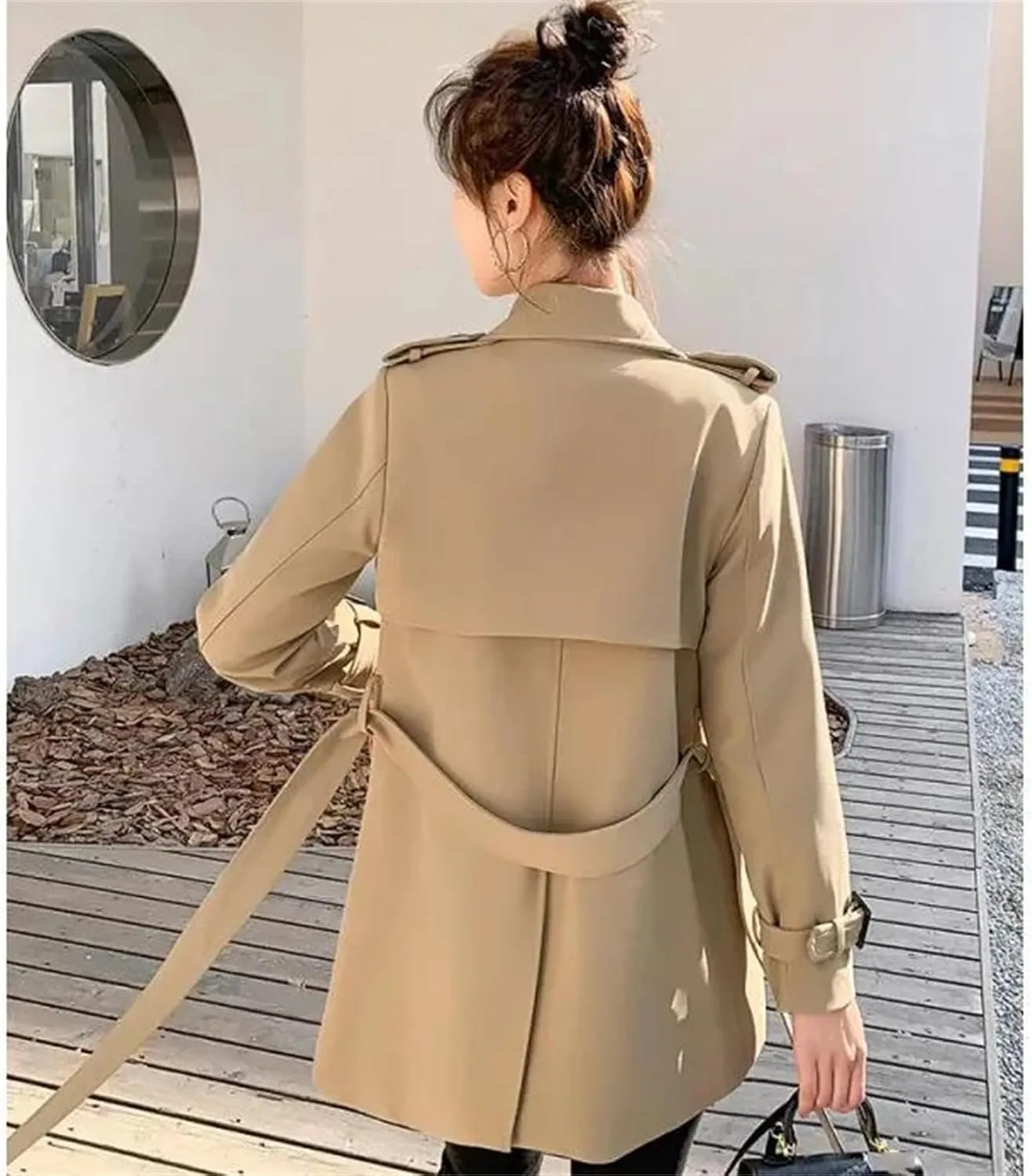Women's Short Trench Coat  Spring Windbreaker With Belt Lace-Up Jacket Casual Outerwear For Work Office