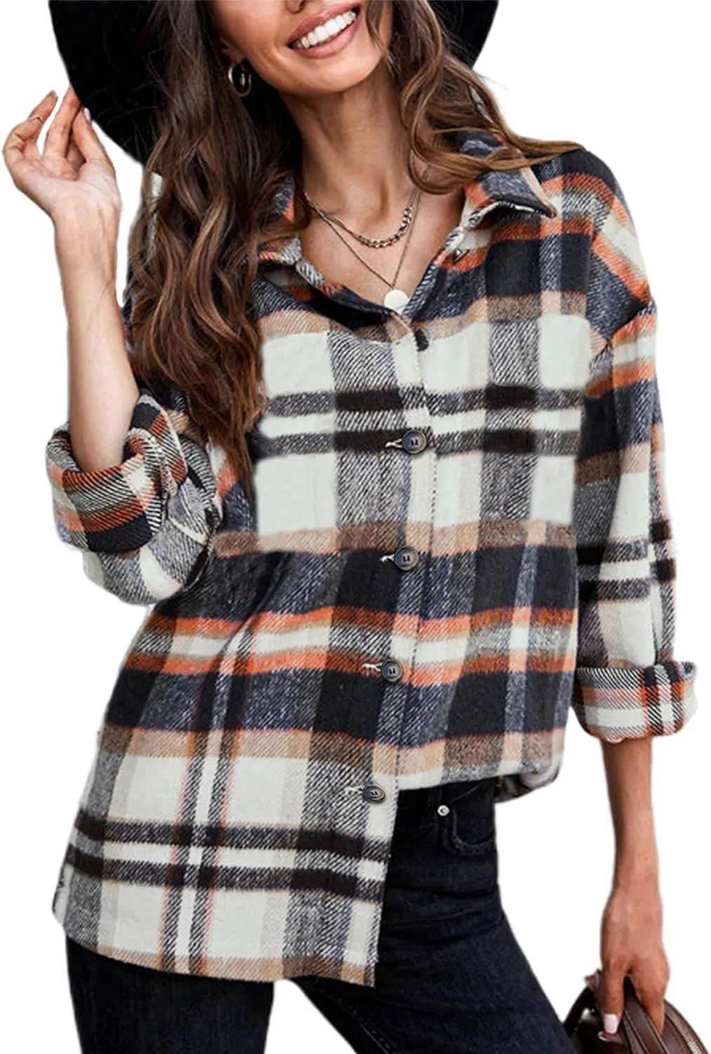 Yeokou Women's Fall Color Block Plaid Flannel Shacket Jacket Button Down Shirt Coat Tops