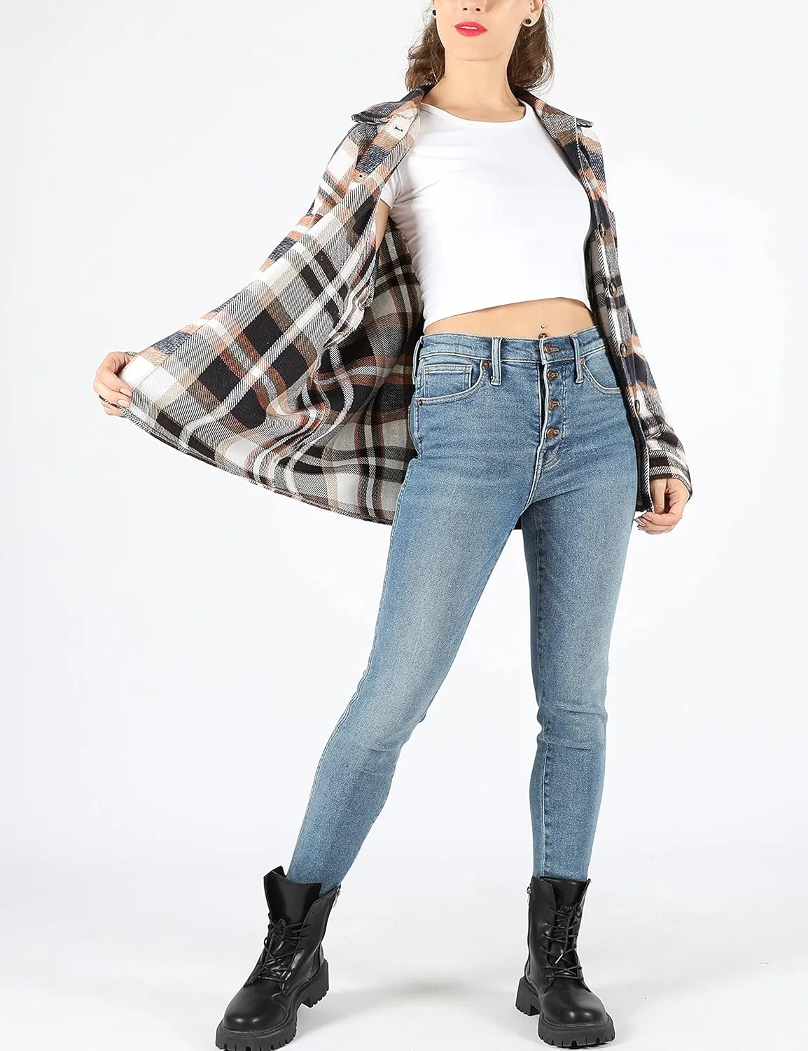 Yeokou Women's Fall Color Block Plaid Flannel Shacket Jacket Button Down Shirt Coat Tops