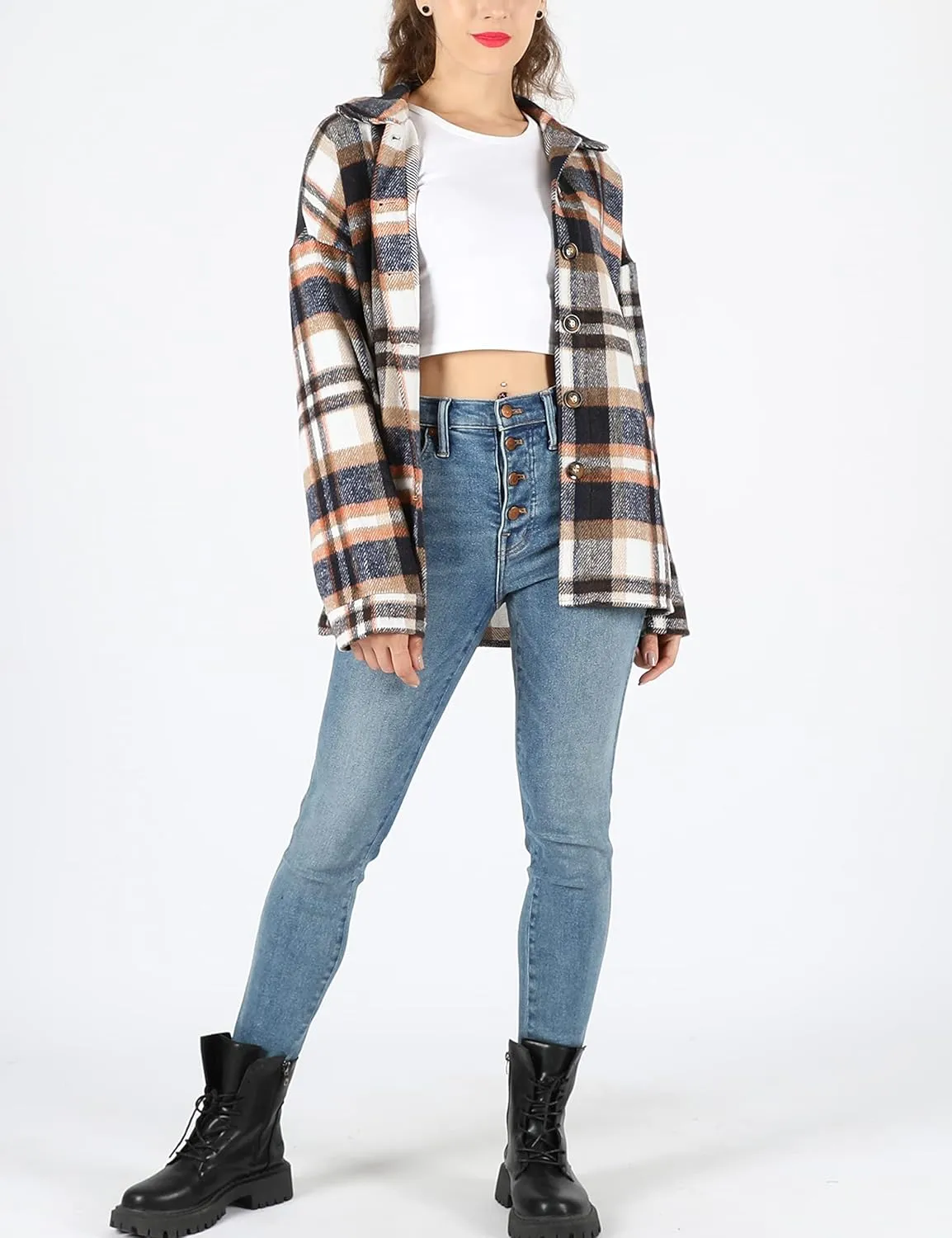 Yeokou Women's Fall Color Block Plaid Flannel Shacket Jacket Button Down Shirt Coat Tops