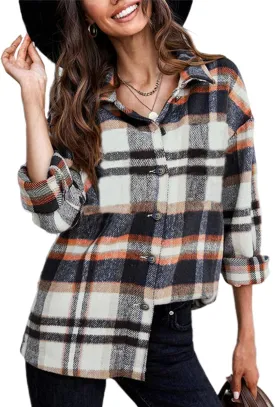 Yeokou Women's Fall Color Block Plaid Flannel Shacket Jacket Button Down Shirt Coat Tops