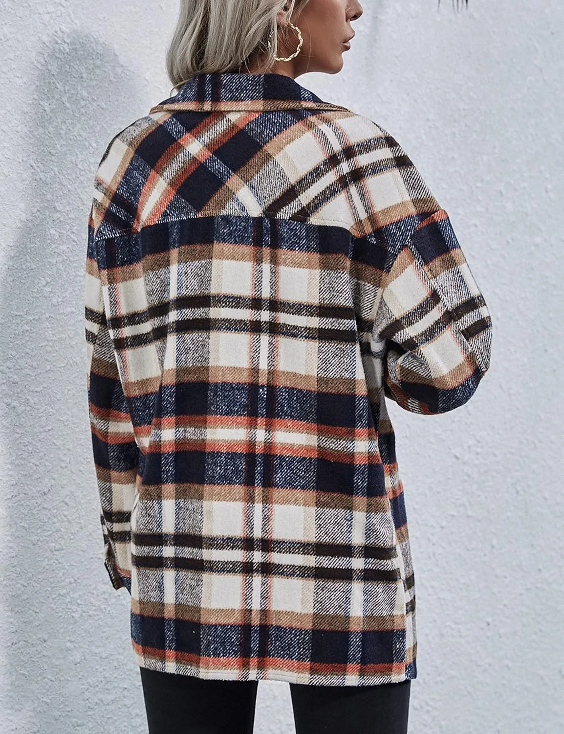 Yeokou Women's Fall Color Block Plaid Flannel Shacket Jacket Button Down Shirt Coat Tops