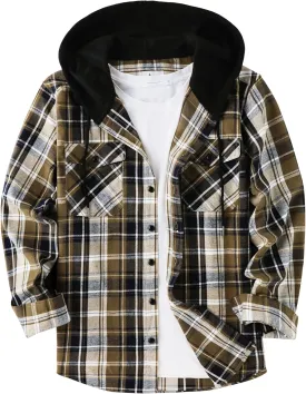 ZITY Men's Flannel Hoodie Shirts Casual Button Down Plaid Shirt Jackets for Men Long Sleeve Stylish Hooded with Pocket